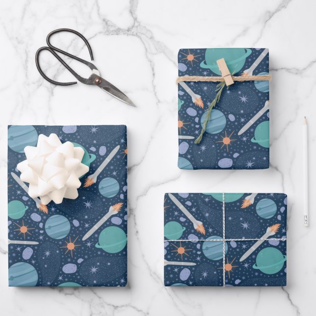 Kids Rocket Ship Jupiter Saturn Planet Stars Geschenkpapier Set (Vorderseite)