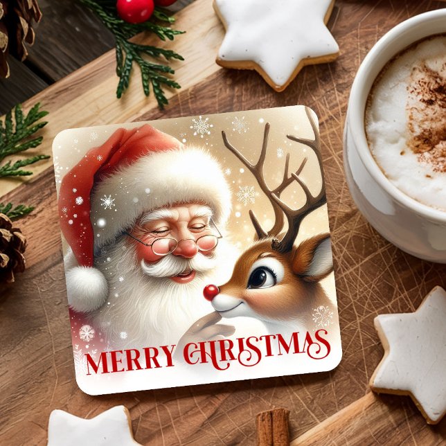 Kids Santa Rudolph Cute Christmas Paper Coaster   Rechteckiger Pappuntersetzer (Kids Santa Rudolph Cute Christmas Paper Coaster Art)