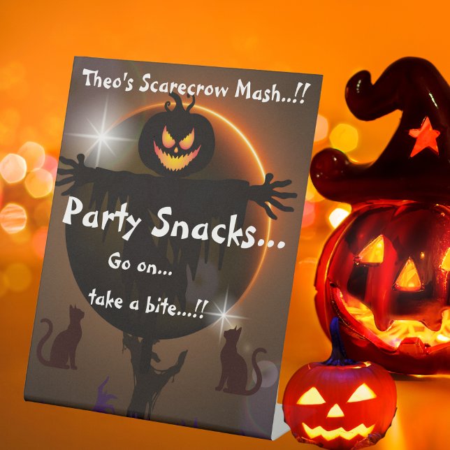 Kids Scarecrow Mash Halloween-Party Snacks Sockelschild (Scarecrow Mash Halloween Party Table Top Snack Sign)