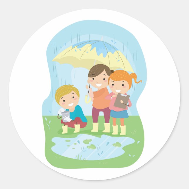Kids Science Nature Study in Rain Runder Aufkleber (Vorderseite)