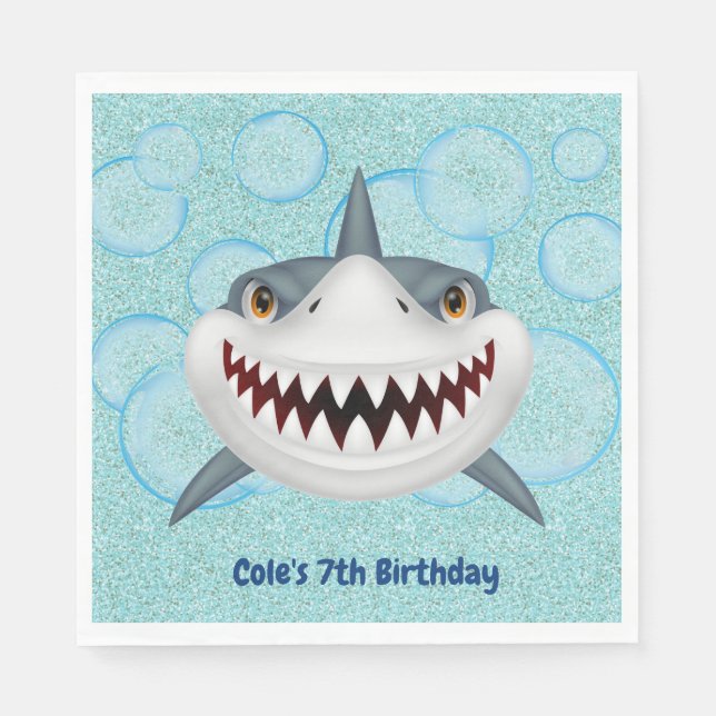 Kids Shark Aqua Glitzer Geburtstagsparty Napkins Serviette (Vorderseite)
