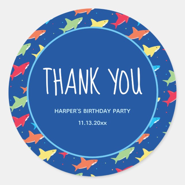 Kids Shark Birthday Party Danke Runder Aufkleber (Vorderseite)