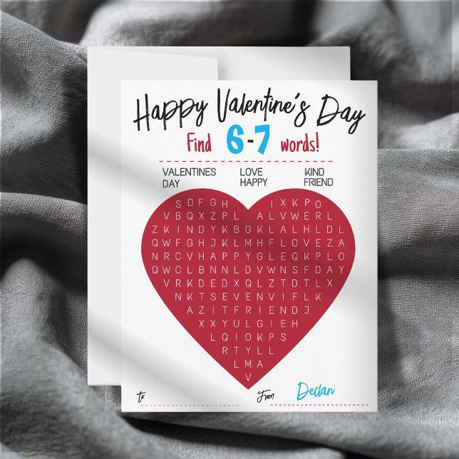 Kids Six Seven Valentine Word Search Heart Class Mitteilungskarte (Heart Word Search Valentine’s Day Card Editable Name Perfect for Students & Teachers)