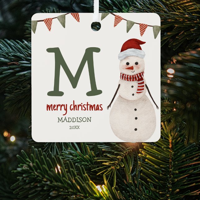 Kids Snowman Monogram Christmas Tree Ornament Aus Metall (Von Creator hochgeladen)