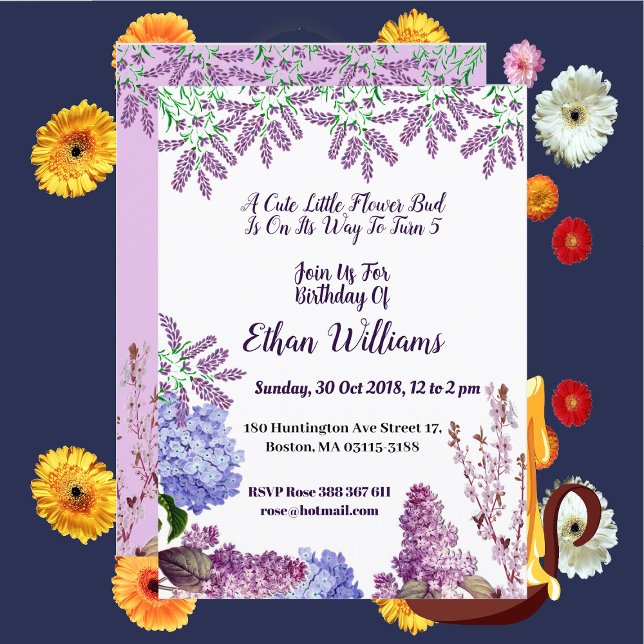 Kids Soft Blue Pastel Bud Lilac Hydrangea Geburtst Einladung (Kids Soft Blue Pastel Bud Lilac Hydrangea Birthday Invitation)
