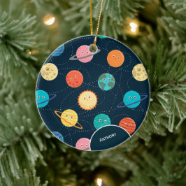 Kids Solar System Planets Pattern Blue Christmas Keramik Ornament