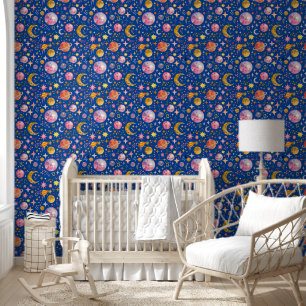 Kids Space Planet Blue Background Peel and stick Tapete