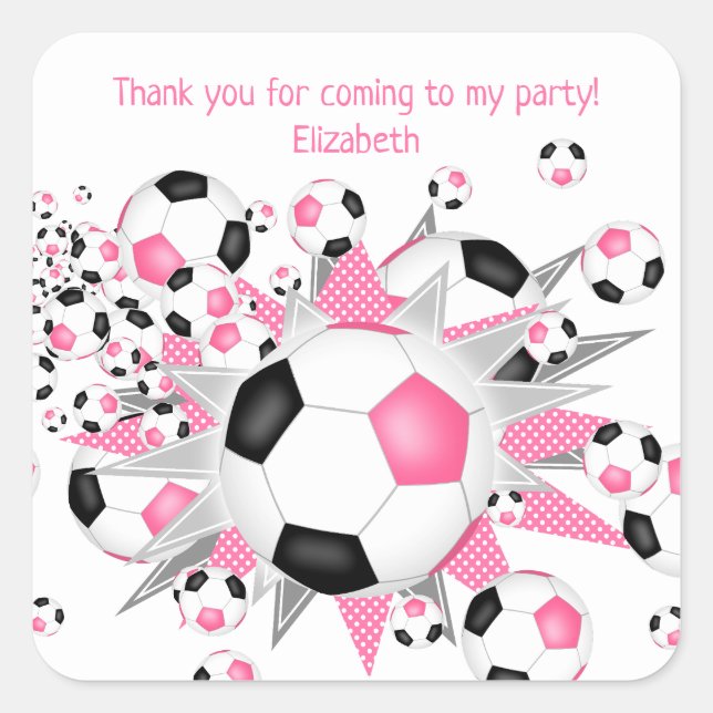 kids sports birthday pink black soccerball blowout quadratischer aufkleber (Vorderseite)