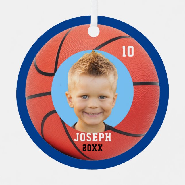 Kids Sporty Blue Foto Basketball Ornament Aus Metall (Vorderseite)