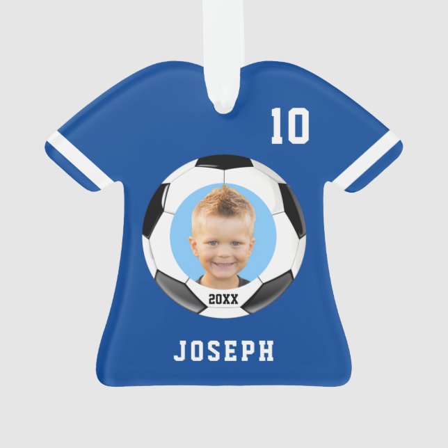 Kids Sporty Blue Foto Soccer Jersey Ornament (Rückseite)