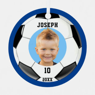 Kids Sporty Blue Foto Soccer Ornament Aus Metall