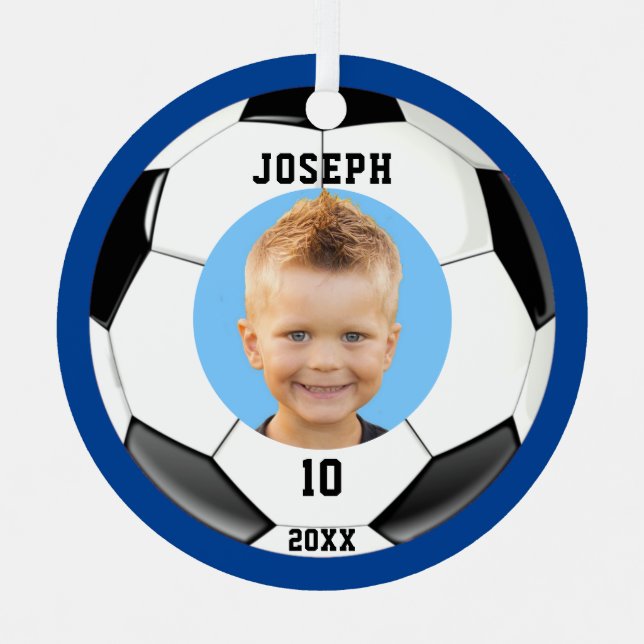 Kids Sporty Blue Foto Soccer Ornament Aus Metall (Vorderseite)
