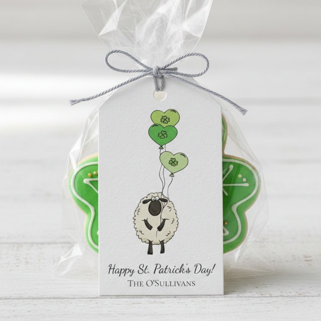 Kids St. Patrick’s Day Sheep & Shamrock Geschenkanhänger (Cute Kids Happy St Patrick's Day Gift Tags. Irish Sheep Drawing with Green Shamrock Heart Balloons)