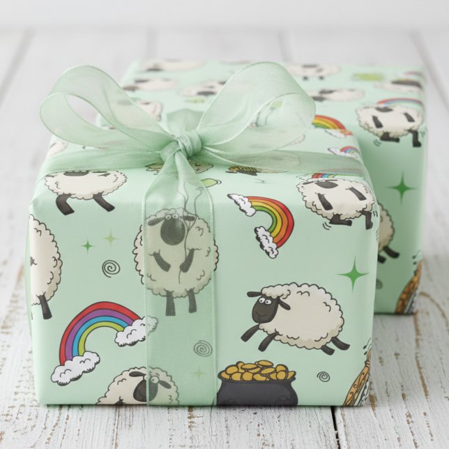 Kids St. Patrick’s Day Sheep & Shamrocks Geschenkpapier (Kids Green St Patrick's Day Wrapping Paper. Cute Irish Sheep, Shamrocks, Rainbow, Four Leaf Clovers)