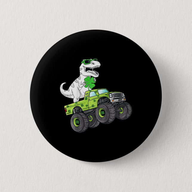 Kids St Patricks Day T Rex Reiten Monster Truck Di Button (Vorderseite)