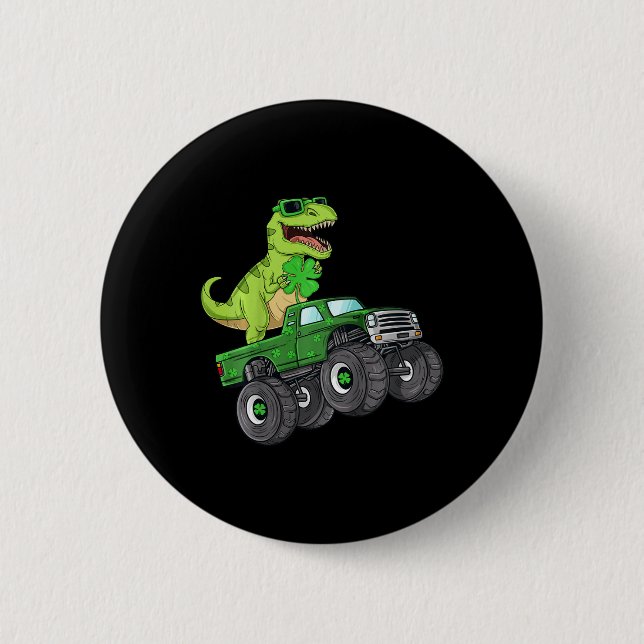 Kids St Patricks Day T Rex Reiten Monster Truck Di Button (Vorderseite)