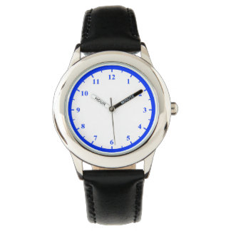 Kid's Stainless Steel Watch Black Leather Strap Armbanduhr