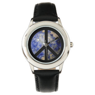 Kid's Stainless Steel Watch Black Strap Peace Sign Armbanduhr