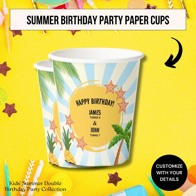 Kids Summer Double Birthday Celebration Paper Cups Pappbecher (Von Creator hochgeladen)