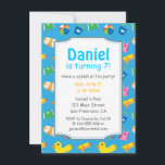 Kids Summer Splash Birthday Pool Party Einladung<br><div class="desc">Planen Sie für Kinder, die im Sommer Geburtstage haben? Ein buntes Party im Pool lädt zum Verweilen ein. Lassen Sie sich von diesem coolen, blauen Geburtstagsgeschenk verwöhnen, in dem niedliche Party-Elemente des Pools harmonisch aufeinander abgestimmt sind. Es umfasst Gegenstände wie grünen Kofferraum, blaue Eimer mit Fisch-Ikone, Schwimmer, Entendecke, Wasserpistole, rosa...</div>