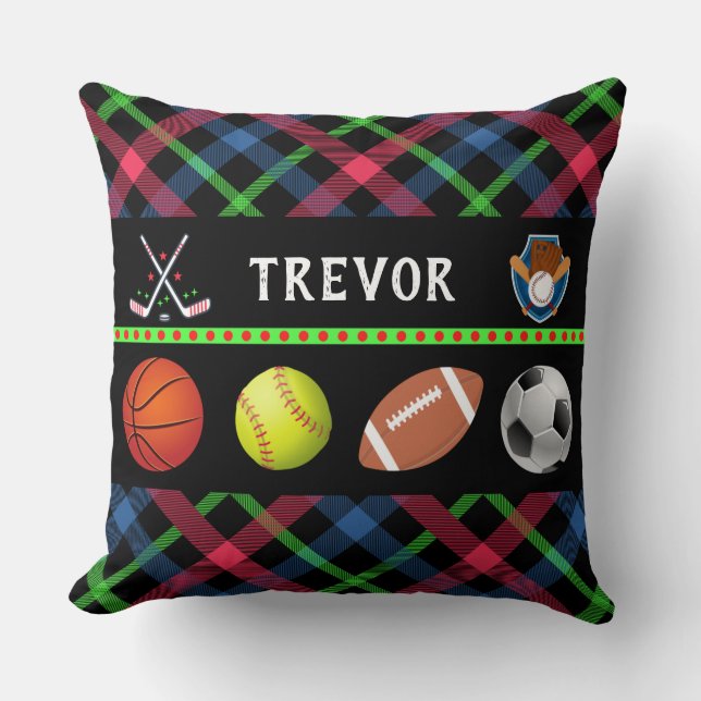 Kids Super Sports Tartan Personalisiert Kissen (Vorderseite)