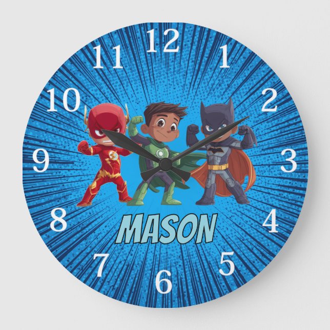 Kids Superhero Custom Name Boys Große Wanduhr (Vorderseite)