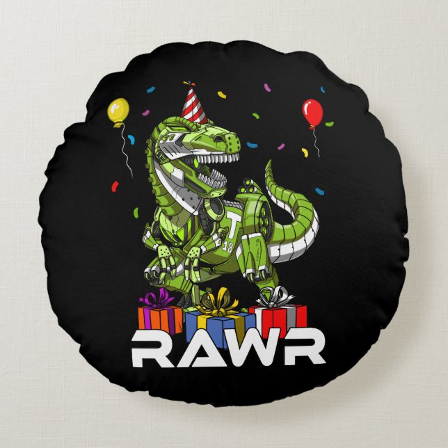 Kids T-Rex Dinosaur Robot Rawr Birthday Boy Party Rundes Kissen (Vorderseite)