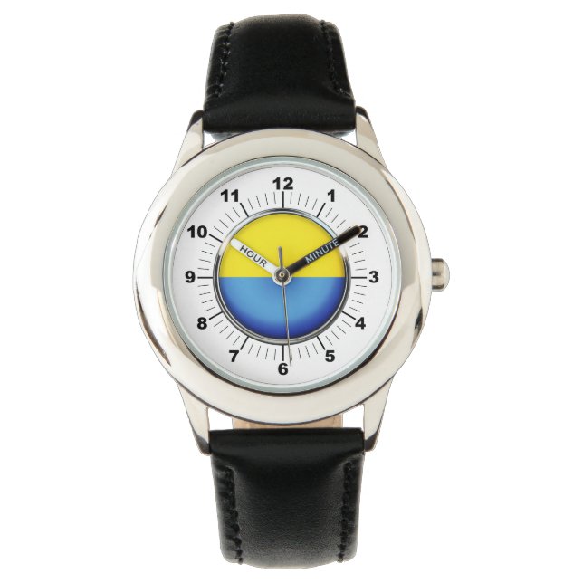 Kid's Ukraine Flag Black Leather Strap Watch Armbanduhr (Vorderseite)