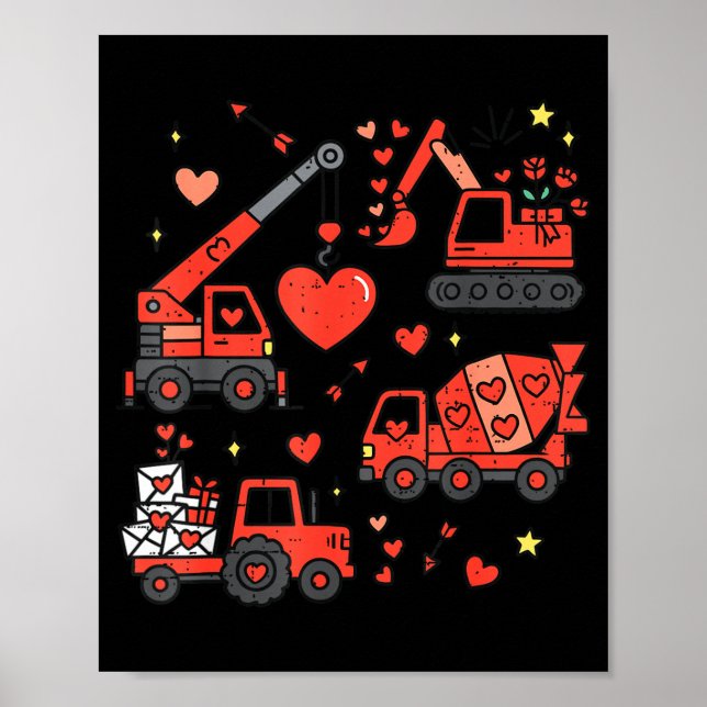 Kids Valentines Day Construction Trucks Funny Boys Poster (Vorne)