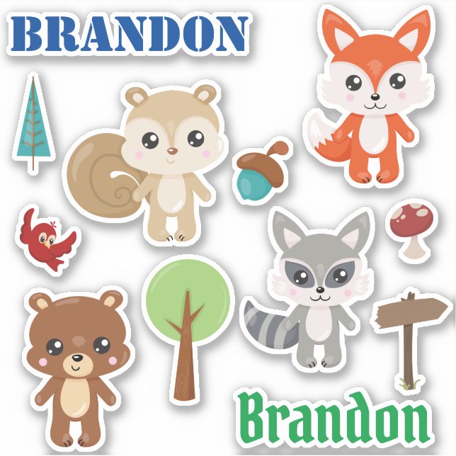 Kids Woodland Animals Personalisiert Spaß Set Aufkleber (Vorderseite)