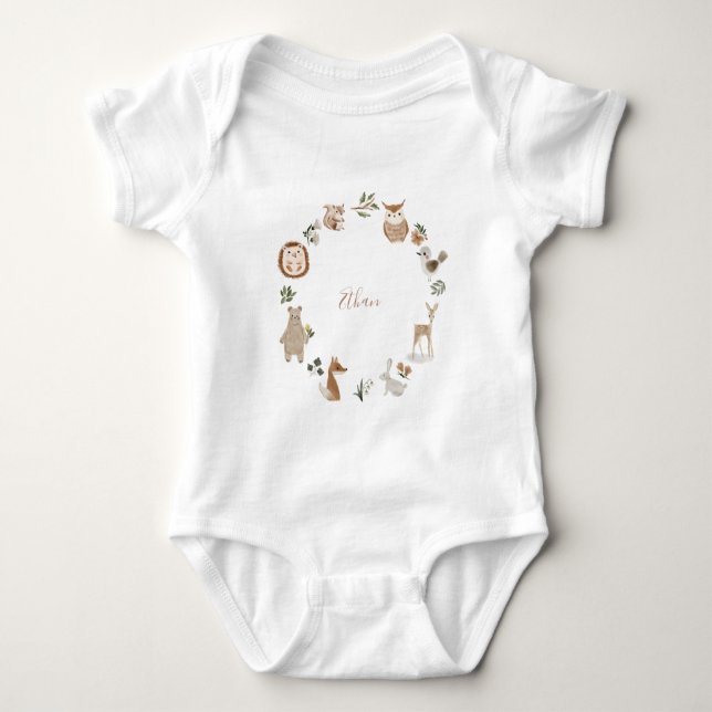 Kids Woodland Tiere Personalisiert Name Wasserfarb Baby Strampler (Vorderseite)