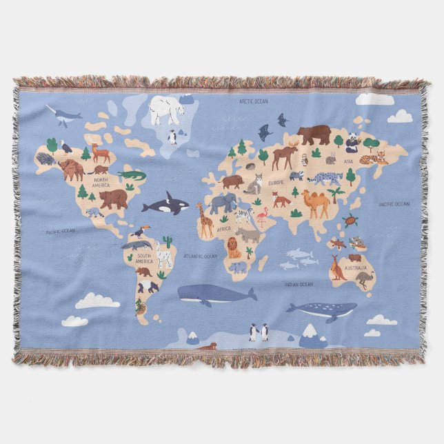 Kids World Map Niedlich Whimsical Modern Decke (Vorderseite)