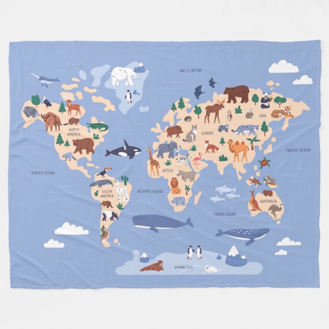 Kids World Map Niedlich Whimsical Modern Fleecedecke (Vorderseite (Horizontal))