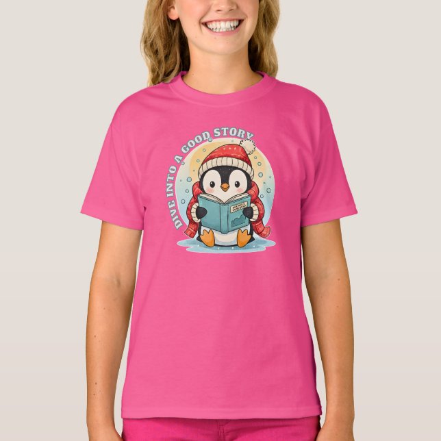 Kids' Wow Pink Reading Penguin Storytime Cotton Te T-Shirt (Vorderseite)