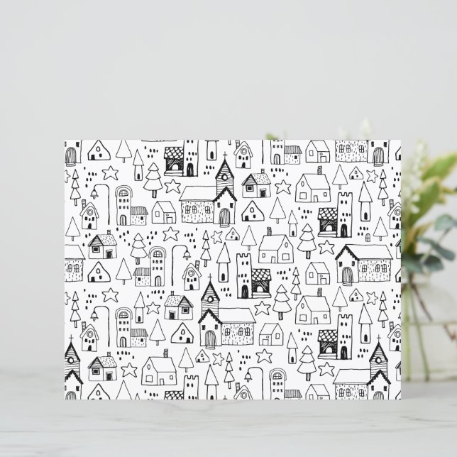 Kids Xmas Village Whimsical Black & White Einladun (Stehend Vorderseite)