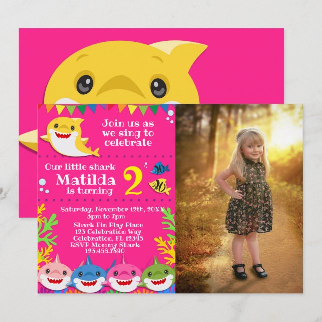 Kids Yellow Rainbow Shark Birthday Foto Einladung (Vorne/Hinten)