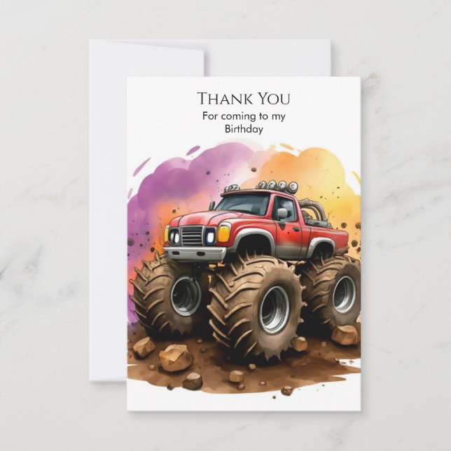 Kids's Watercolor Monster Truck Birthday Dankeskarte (Vorderseite)