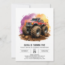 Kids's Watercolor Monster Truck Birthday