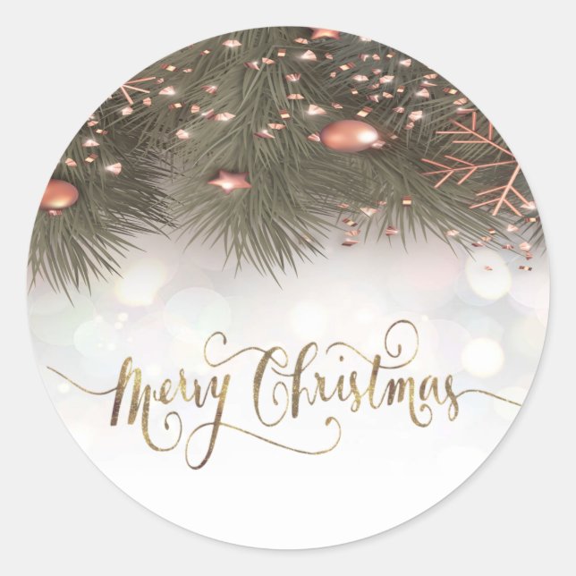 Kieferbaumzweige Ornamente Frohe Weihnachten Runder Aufkleber (Vorderseite)