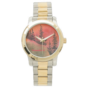 Kiefern, Hügel, Himmel, Landschaft in Sonnenunterg Armbanduhr