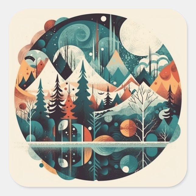 Kiefern und Berge, individuell anpassbar Quadratischer Aufkleber (Vorderseite)