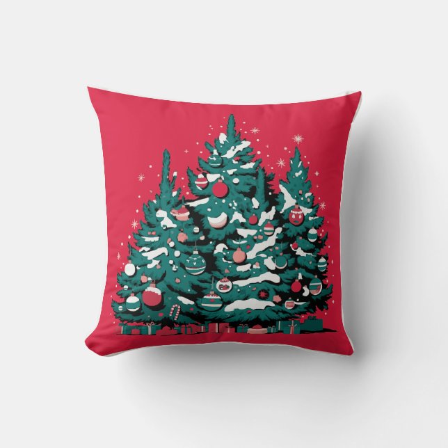 Kiefernbaum und Weihnachtsschmuck Roter Hintergrun Kissen (Vorderseite)
