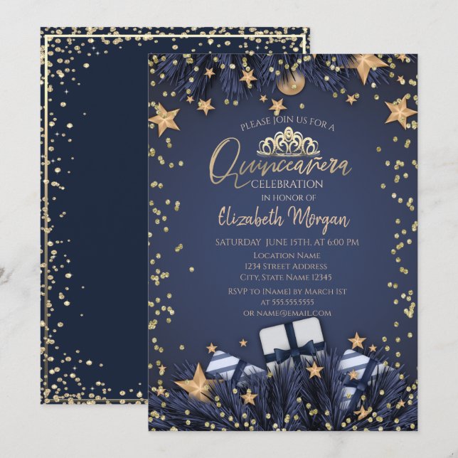 Kiefernbäume, Diamanten Navy Blue Quinceañera Einladung (Vorne/Hinten)