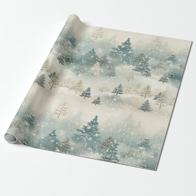 Kiefernbäume im Schnee Vintage Wasserfarbe Geschenkpapier (Ungerollt)