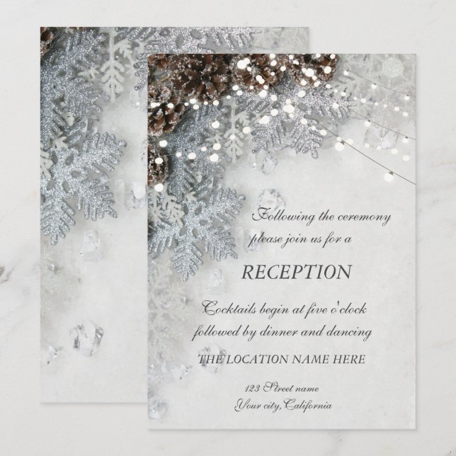 Kiefernfüße, Schneeflocken Hochzeitsempfang Einladung (Vorne/Hinten)
