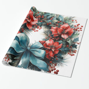 Kiefernkranz mit roten Blume und Holly Geschenkpapier
