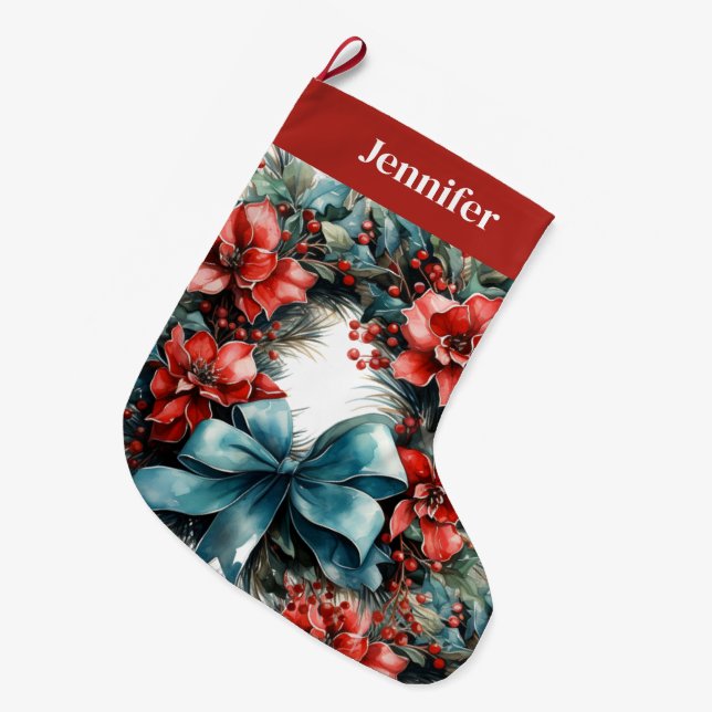 Kiefernkranz mit roten Blume und Holly Großer Weihnachtsstrumpf (Vorderansicht (hängend))