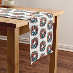 Kiefernreath mit roten Blume und Holly Pattern Mittelgroßer Tischläufer