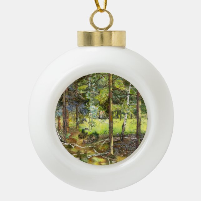 Kiefernwaldmalerei Aquarell Keramik Kugel-Ornament (Vorderseite)
