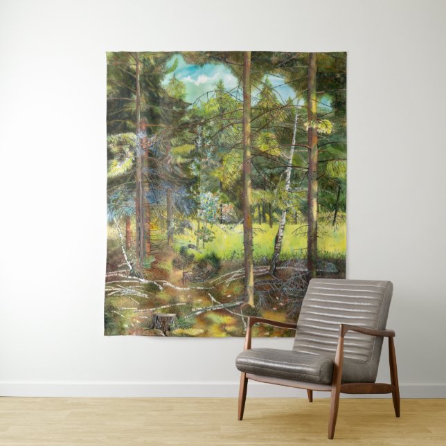 Kiefernwaldmalerei Aquarell Wandteppich (Beispiel)